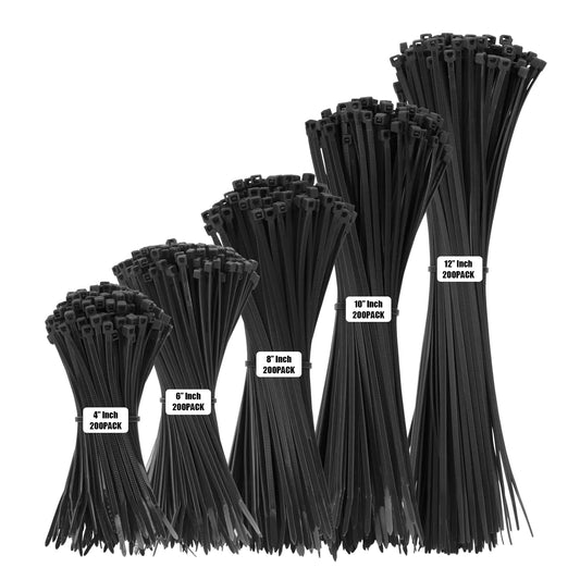 Armpow Black Cable Zip Ties Heavy Duty Assorted Sizes 1000 PCS Self-Locking 4+6+8+10+12 Inch 18LBS/40LBS Nylon Cable Ties Perfect for Home Office Garden and Workshop